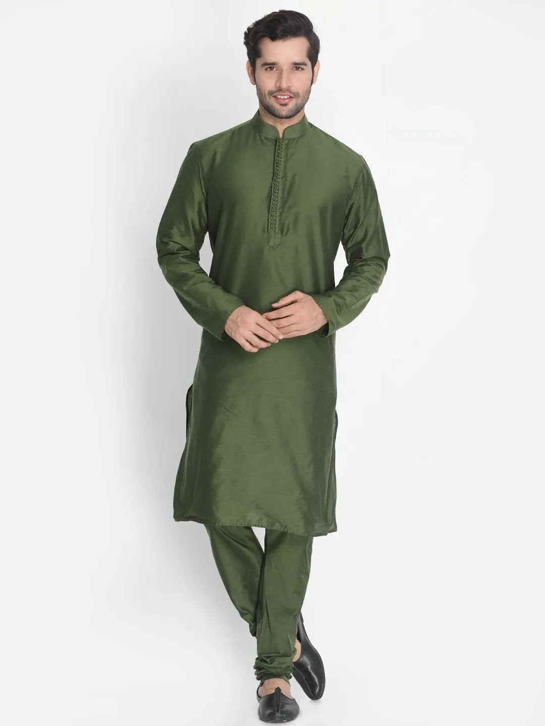 VASTRAMAY Men's Green Cotton Blend Kurta, Ethnic Jacket and Pyjama Set