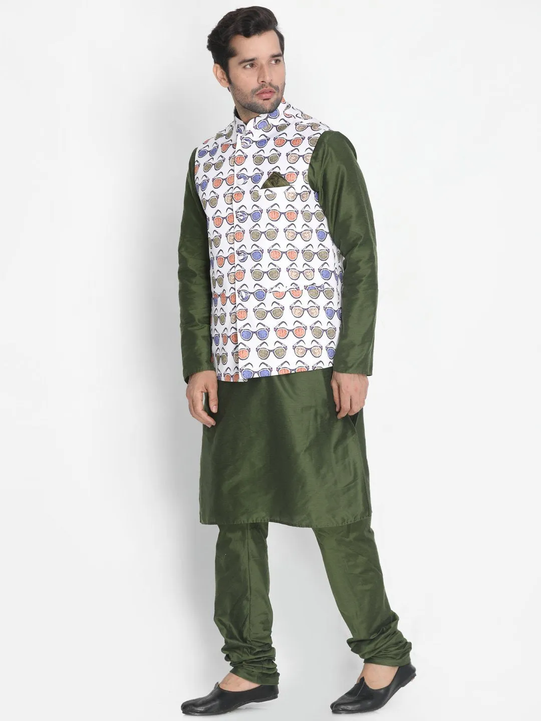 VASTRAMAY Men's Green Cotton Blend Kurta, Ethnic Jacket and Pyjama Set