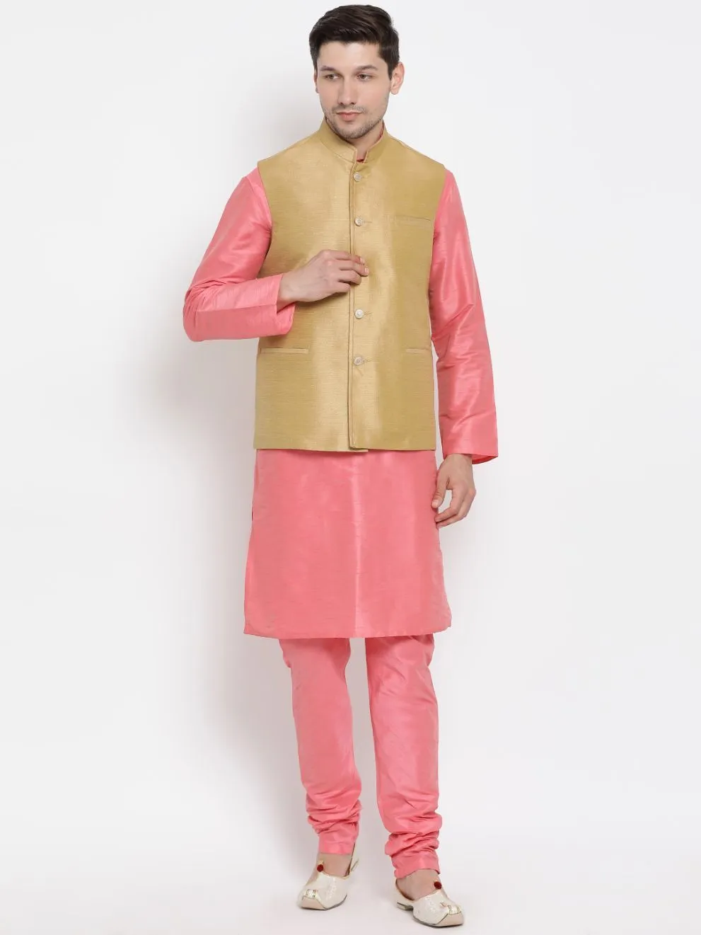 VASTRAMAY Men's Pink Cotton Silk Blend Kurta, Ethnic Jacket and Pyjama Set