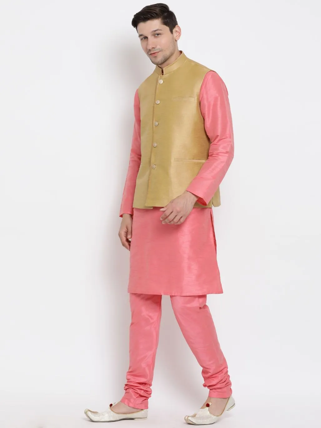 VASTRAMAY Men's Pink Cotton Silk Blend Kurta, Ethnic Jacket and Pyjama Set