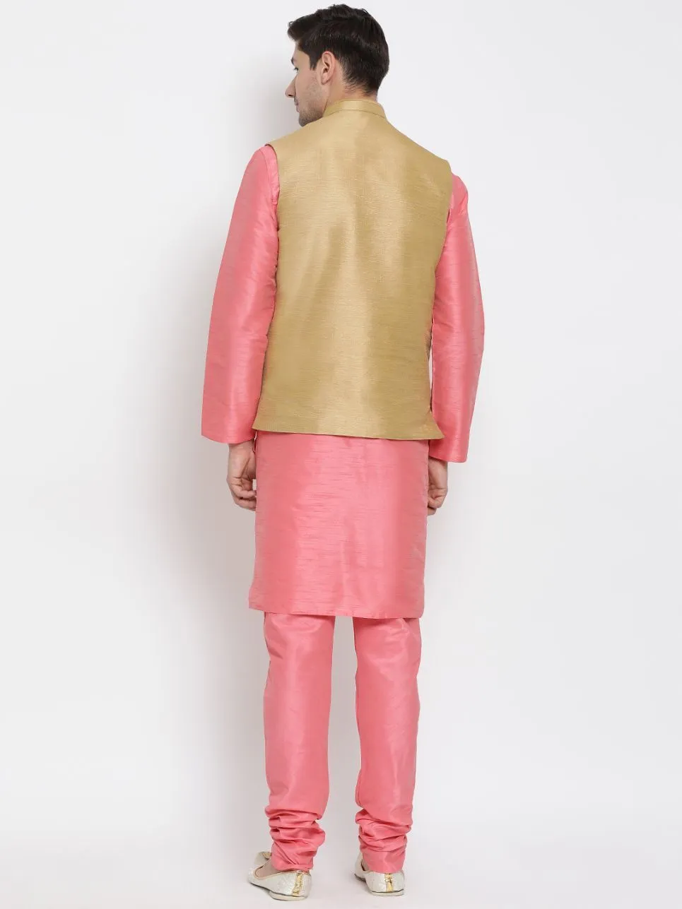 VASTRAMAY Men's Pink Cotton Silk Blend Kurta, Ethnic Jacket and Pyjama Set