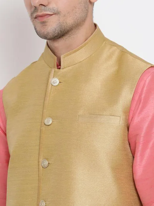 VASTRAMAY Men's Pink Cotton Silk Blend Kurta, Ethnic Jacket and Pyjama Set