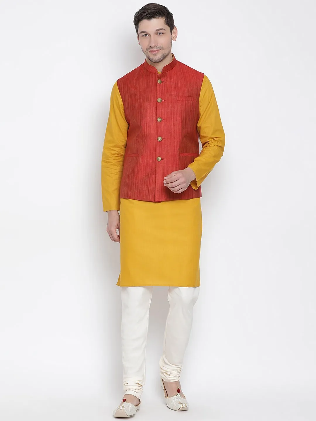 VASTRAMAY Men's Yellow Cotton Blend Kurta, Ethnic Jacket and Pyjama Set