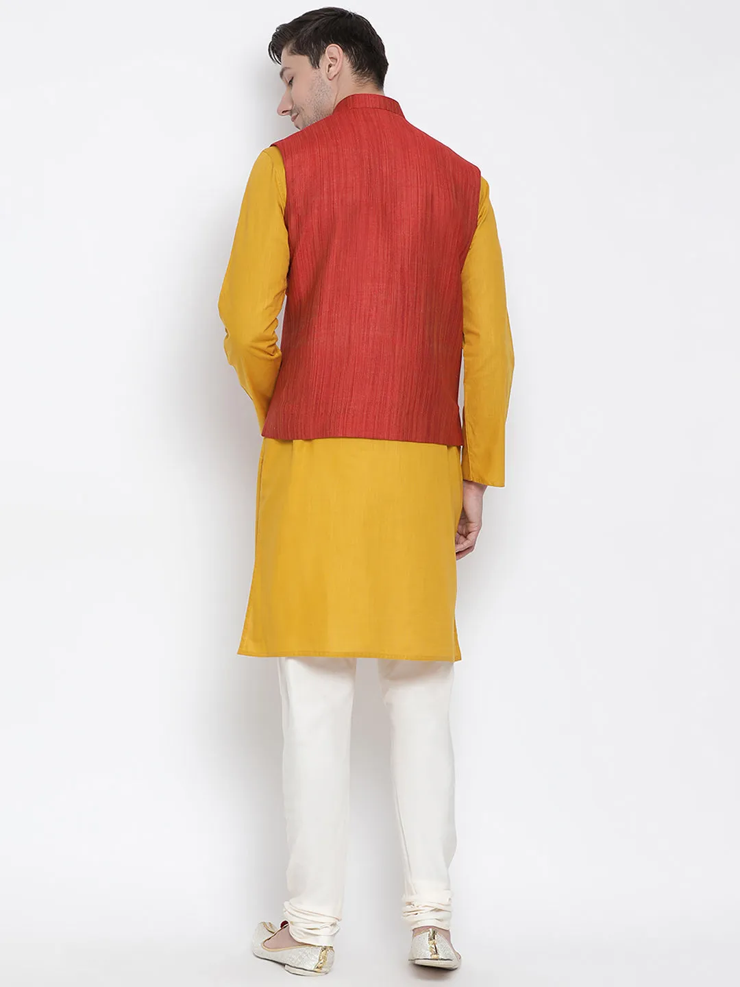 VASTRAMAY Men's Yellow Cotton Blend Kurta, Ethnic Jacket and Pyjama Set