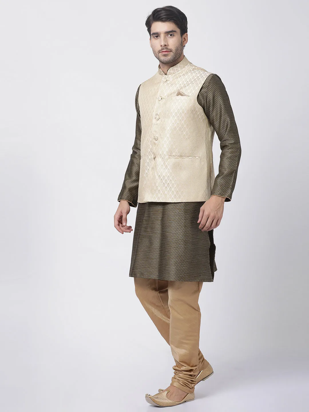 VM By VASTRAMAY Men's Cream Silk Blend Jacket With Kurta Pyjama Set