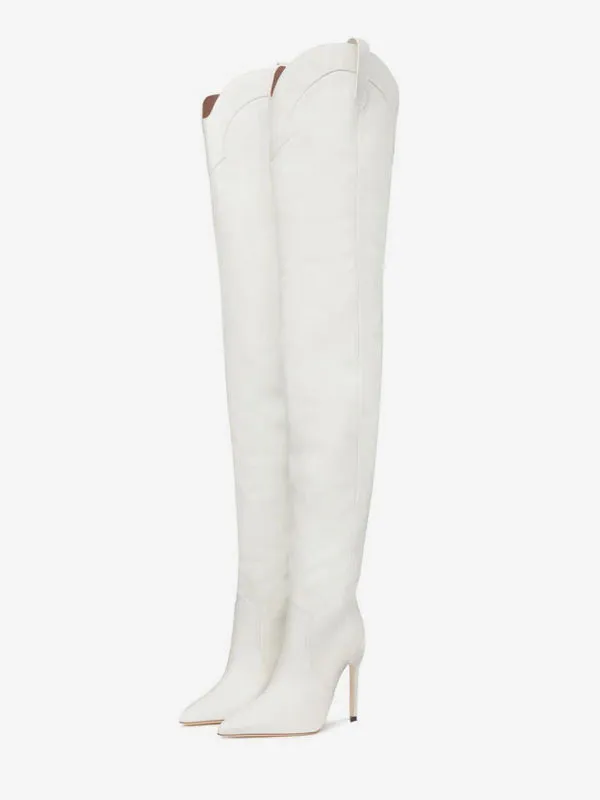 White Thigh High Boots Women Pointed Toe Over The Knee Western Boots