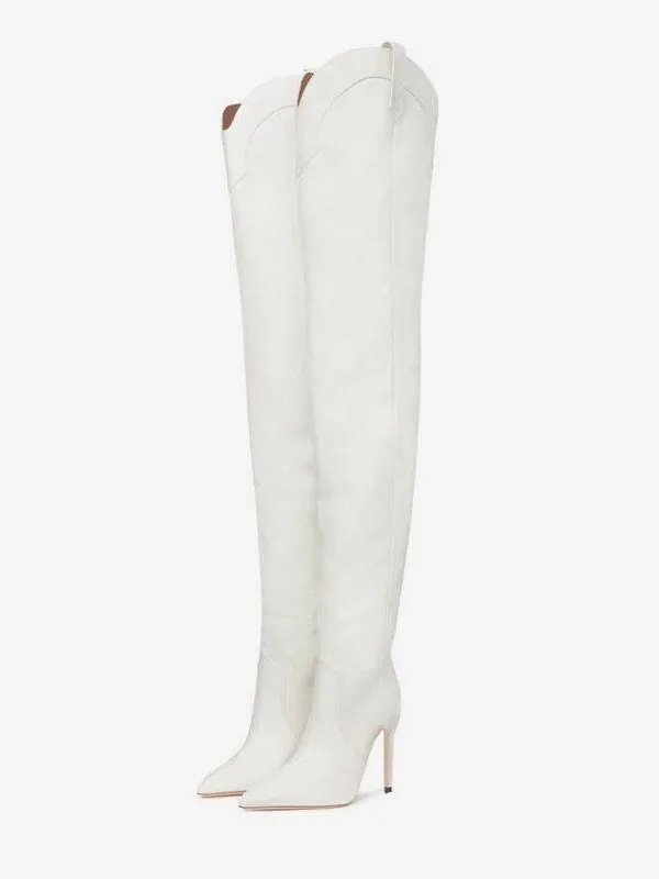 White Thigh High Boots Women Pointed Toe Over The Knee Western Boots