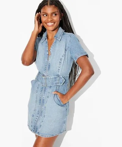 Wild Fable Women's Short Sleeve Belted Denim Mini Dress