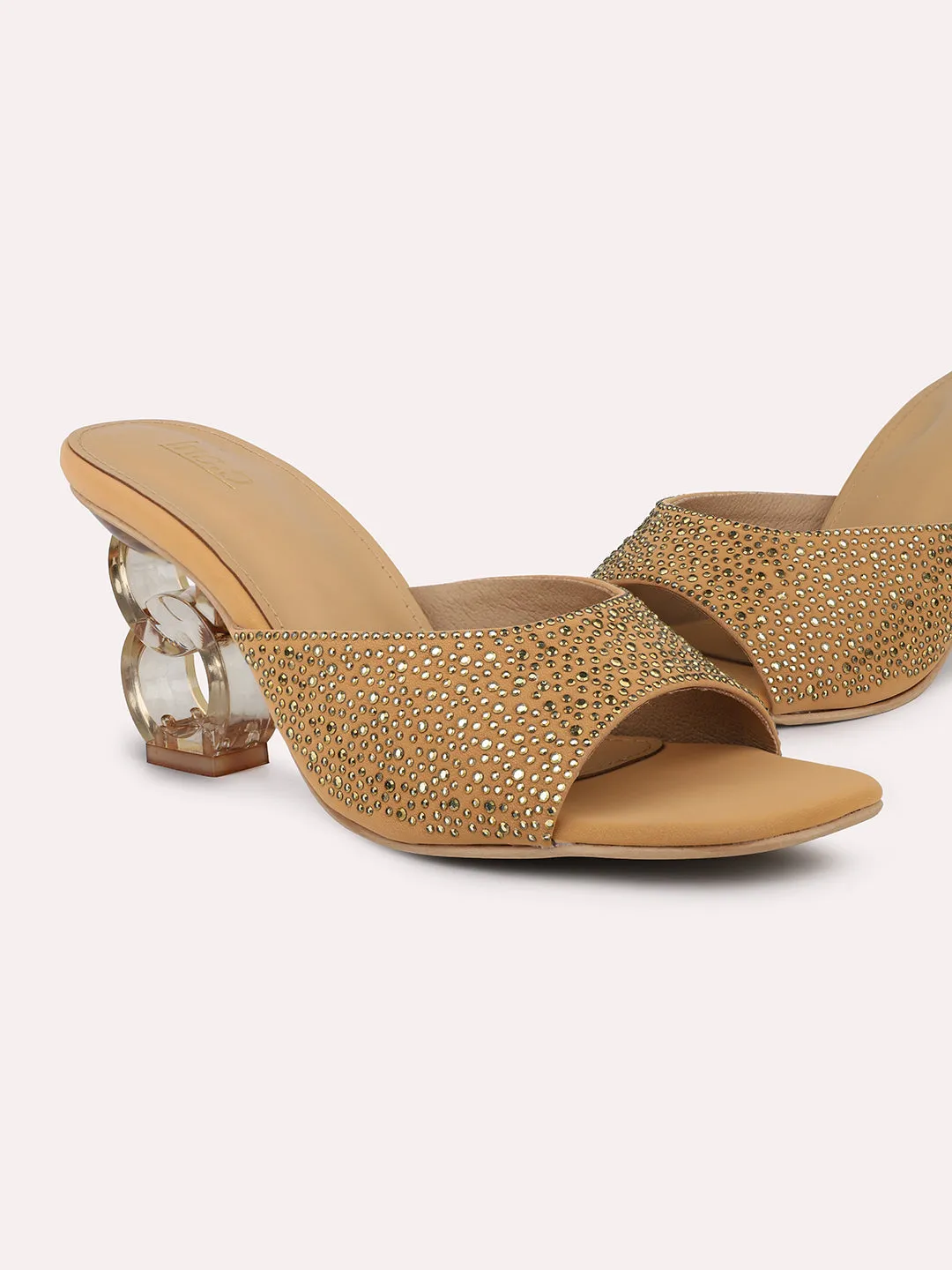 Women Beige & Gold-Toned Embellished Open Toe Transparent Block Heels