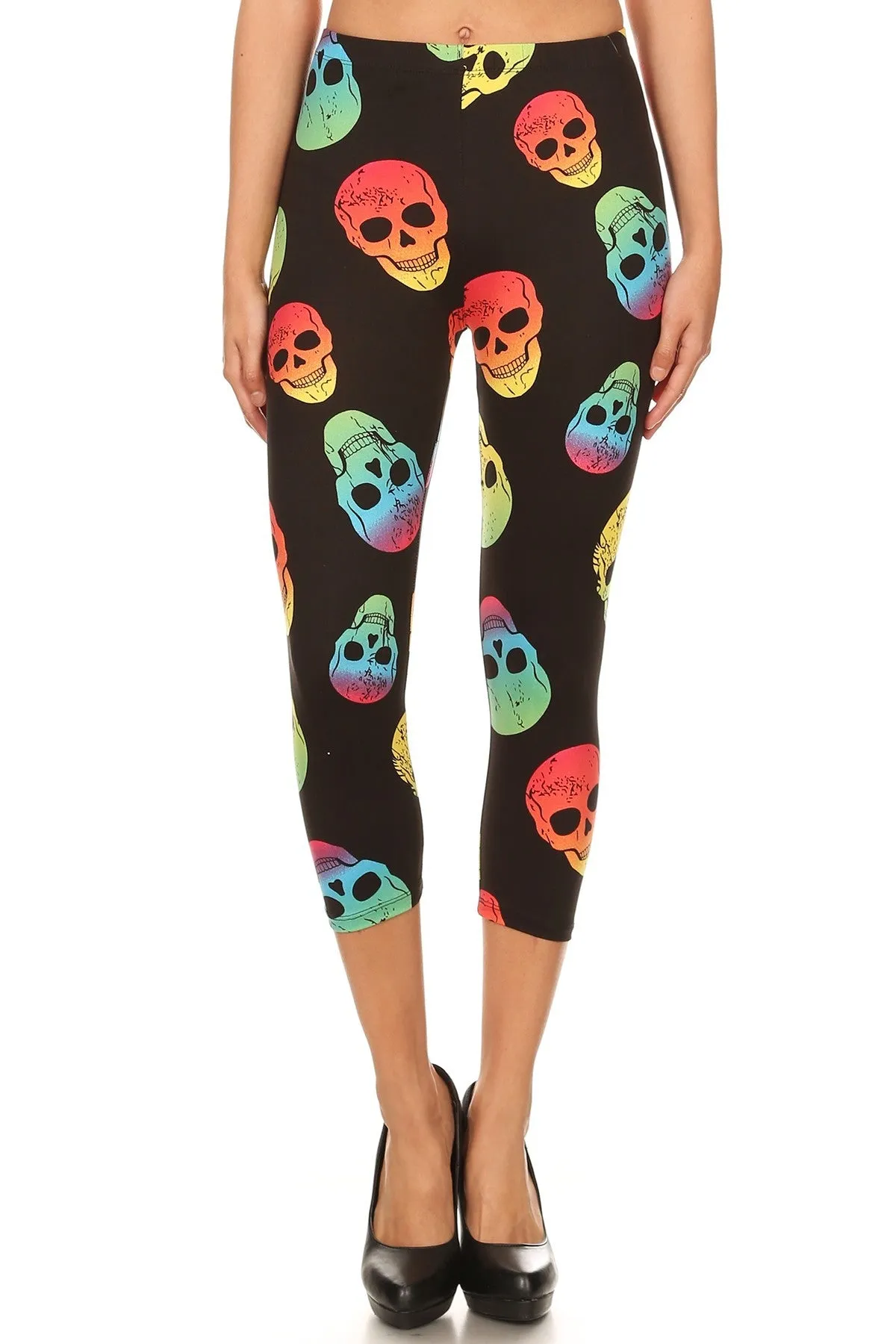 Women's Plus Neon Skulls Printed Cropped Capri Leggings