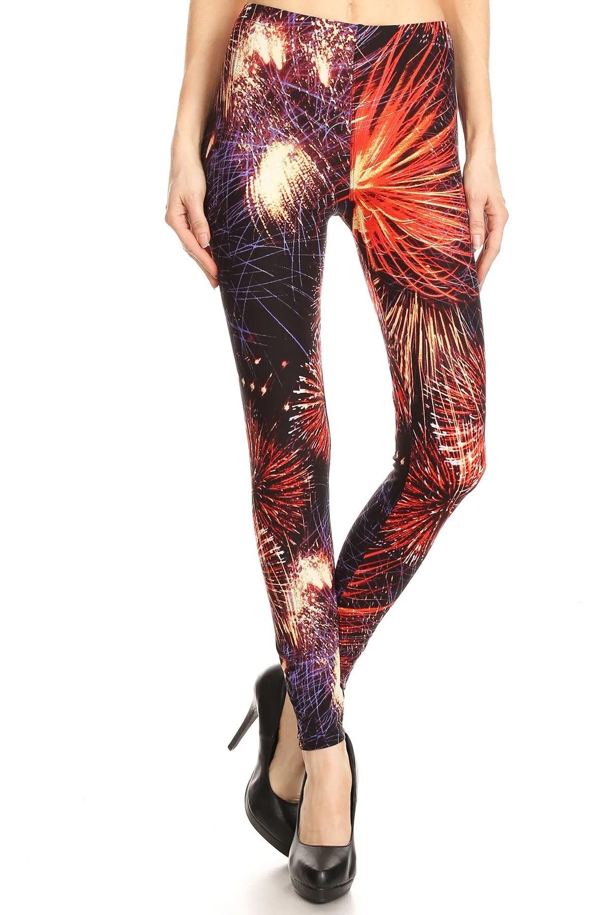 Women's Regular colorful Fireworks Pattern Printed Leggings - Red Purple