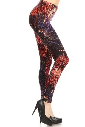 Women's Regular colorful Fireworks Pattern Printed Leggings - Red Purple