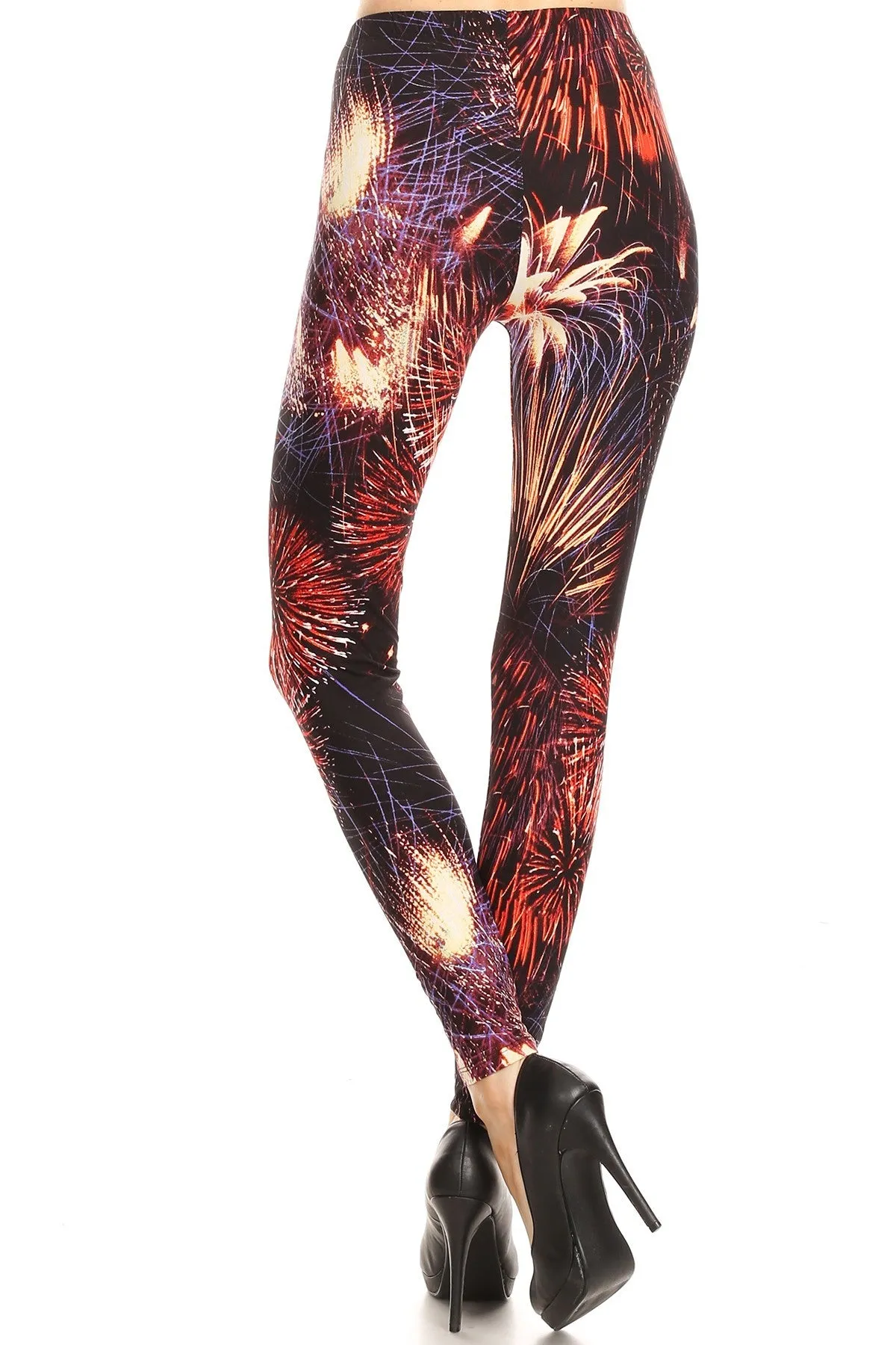 Women's Regular colorful Fireworks Pattern Printed Leggings - Red Purple