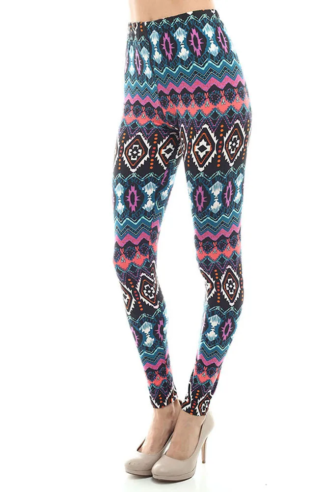 Women's Regular Dark Mixed Color Navajo Pattern Print Leggings - Black Purple Green