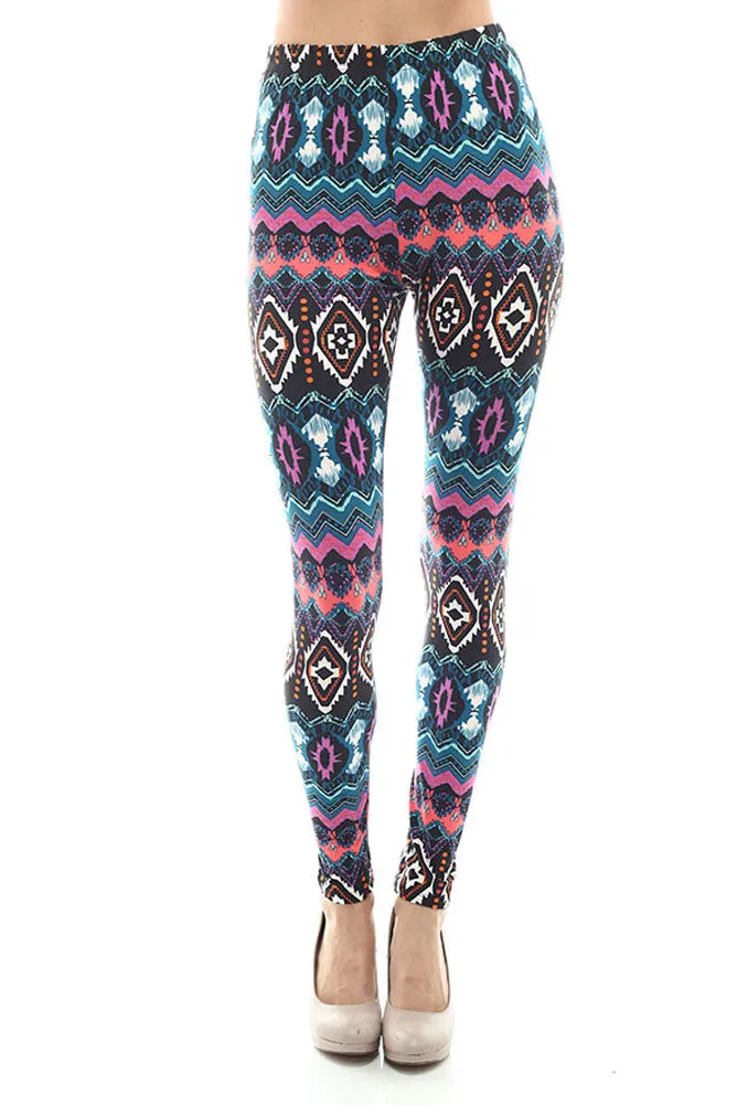 Women's Regular Dark Mixed Color Navajo Pattern Print Leggings - Black Purple Green