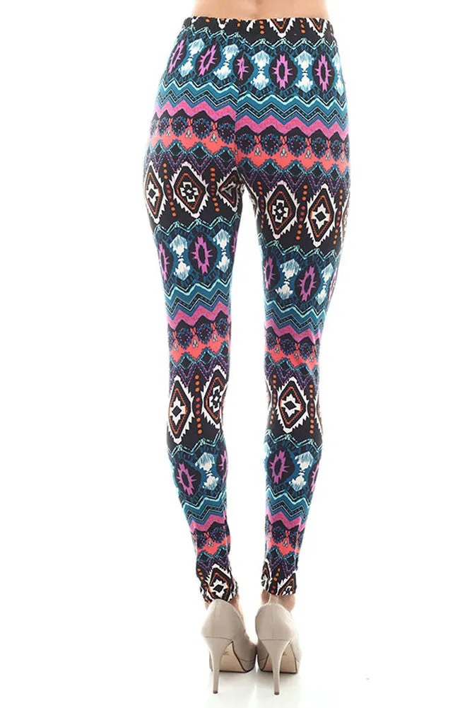 Women's Regular Dark Mixed Color Navajo Pattern Print Leggings - Black Purple Green