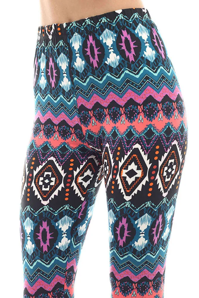 Women's Regular Dark Mixed Color Navajo Pattern Print Leggings - Black Purple Green