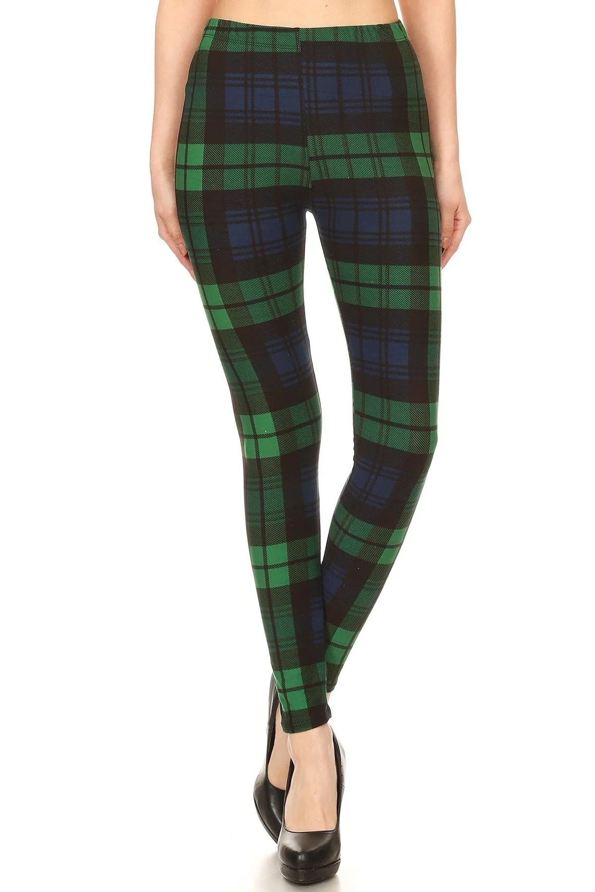 Women's Regular Green Black Plaid Pattern Printed Leggings