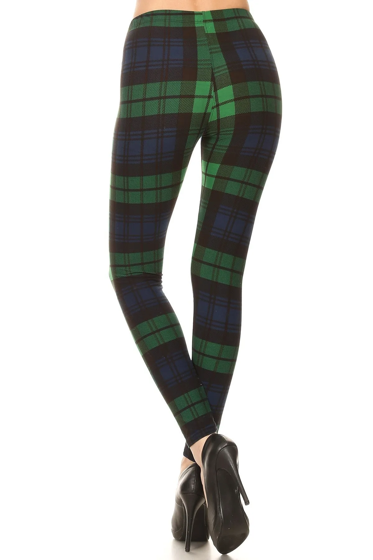 Women's Regular Green Black Plaid Pattern Printed Leggings