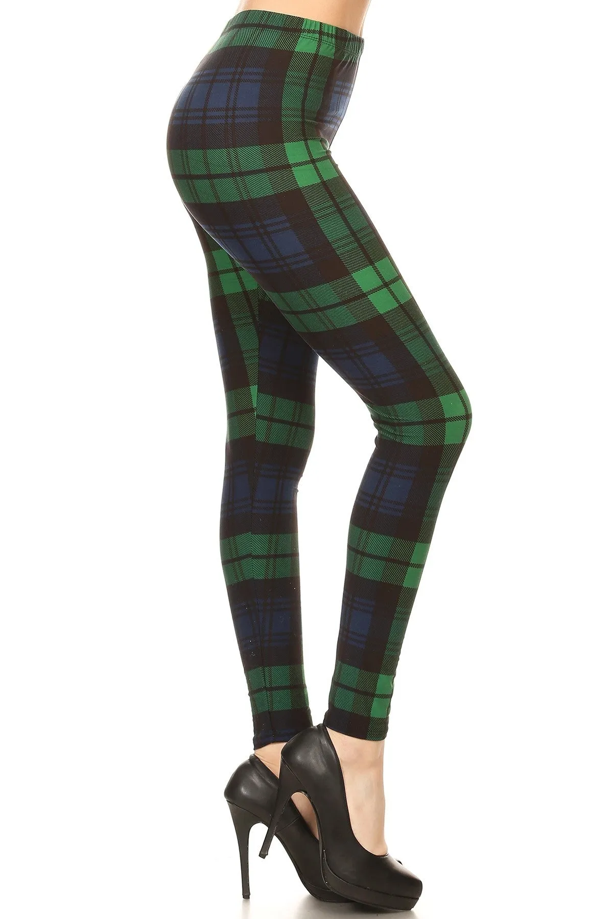 Women's Regular Green Black Plaid Pattern Printed Leggings