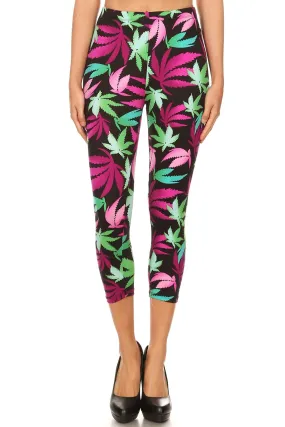 Women's Regular Pot Leaves Plant Printed Cropped Capri Leggings