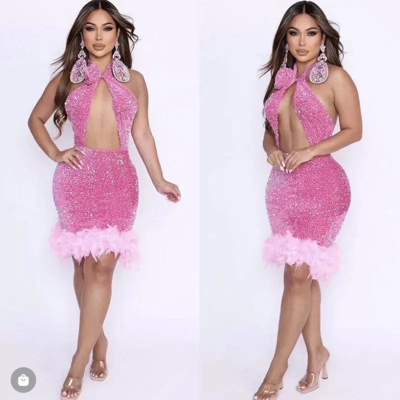 Women's Sexy Shinning Sequins Feather Party Wear Mini Bodycon Dress