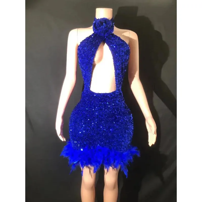 Women's Sexy Shinning Sequins Feather Party Wear Mini Bodycon Dress