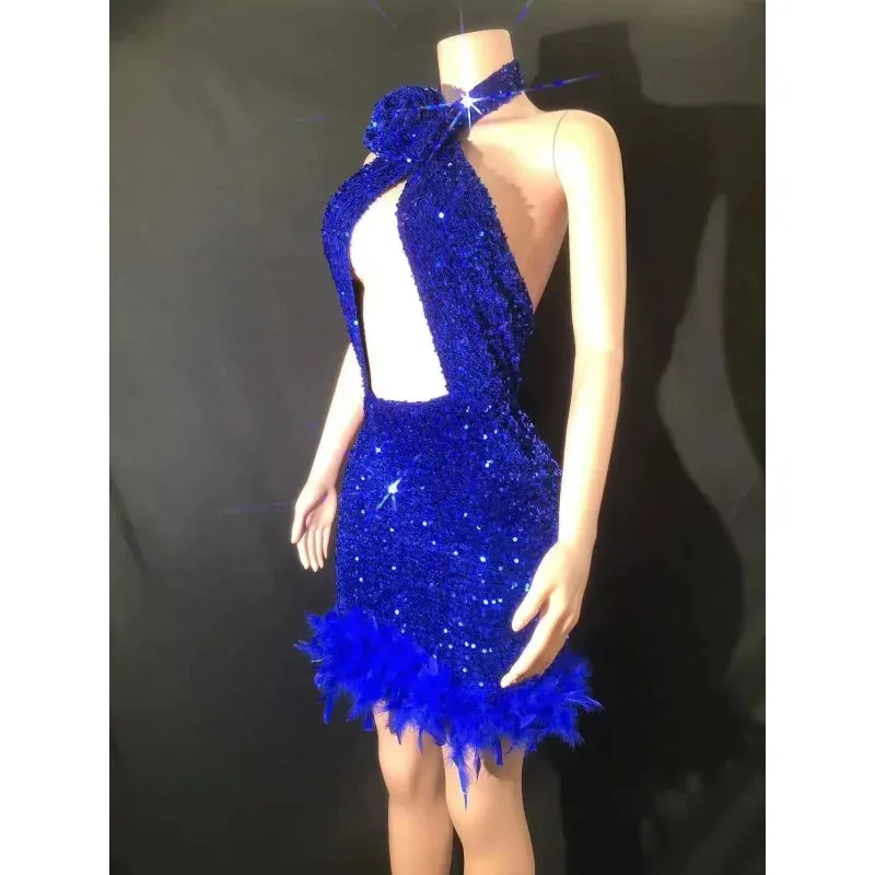 Women's Sexy Shinning Sequins Feather Party Wear Mini Bodycon Dress