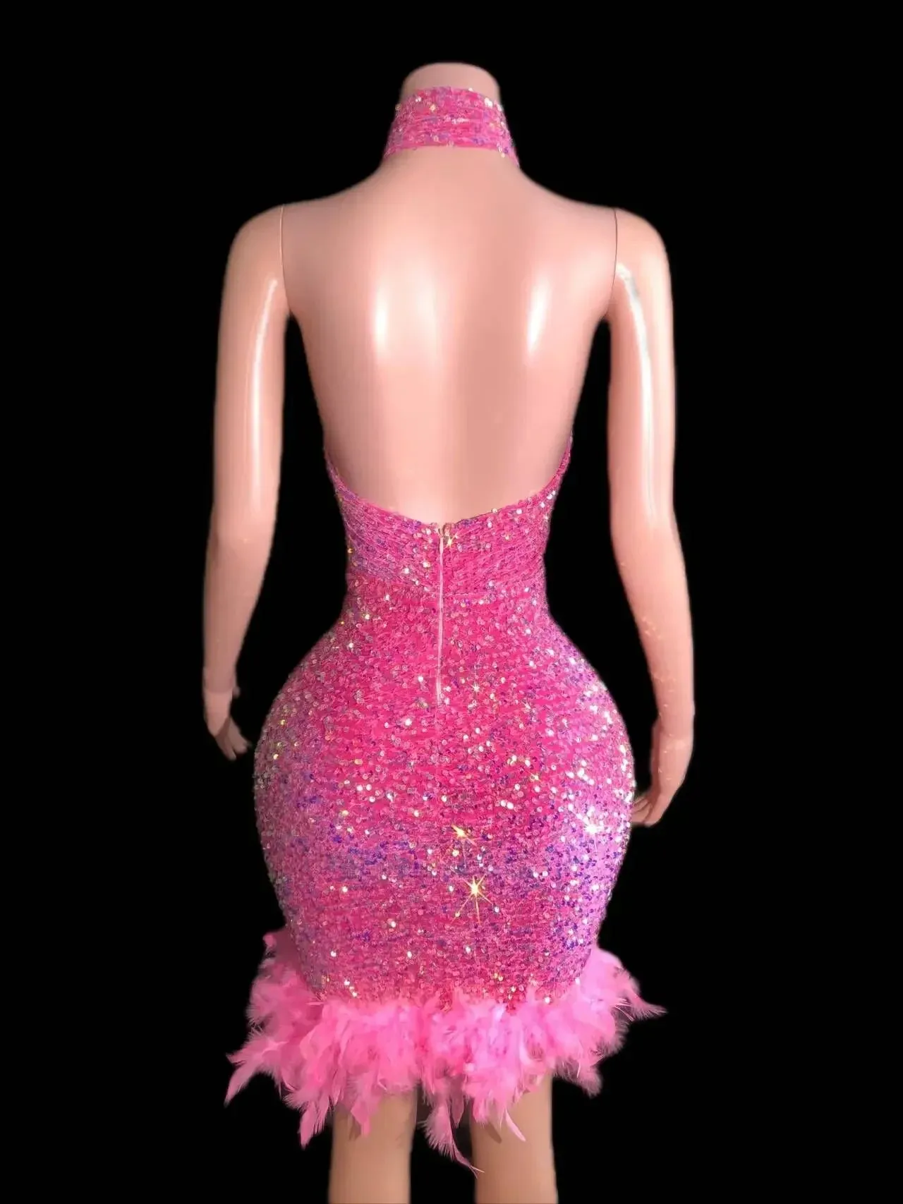 Women's Sexy Shinning Sequins Feather Party Wear Mini Bodycon Dress