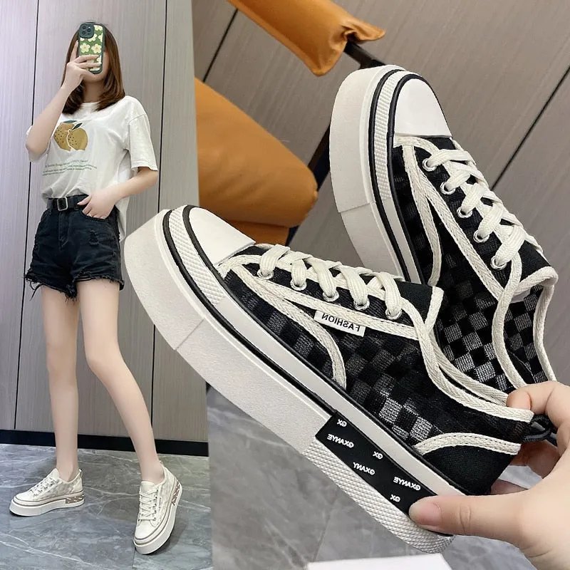 Women's Summer Canvas Checkered Pattern Vulcanized Low-Cut Shoes