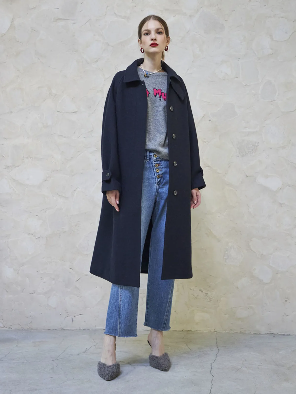 Wool Stitch Coat - Navy