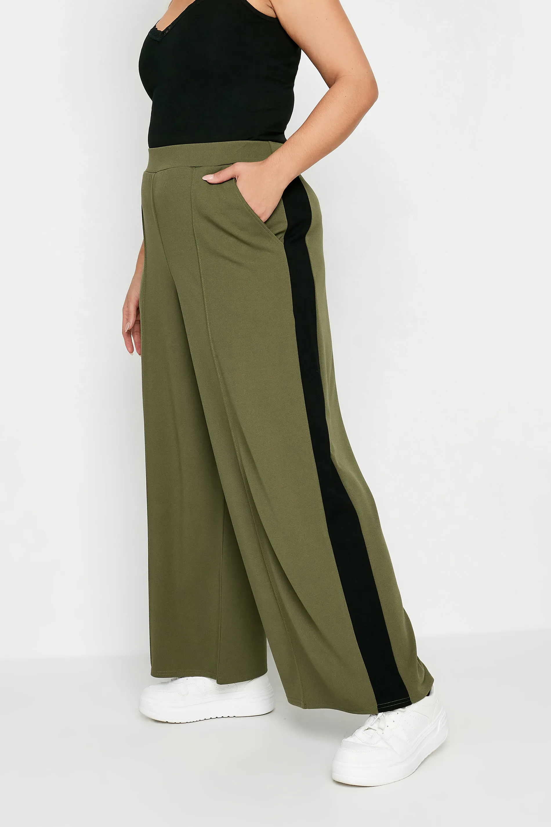 YOURS Curve Khaki Green Side Stripe Wide Leg Trousers