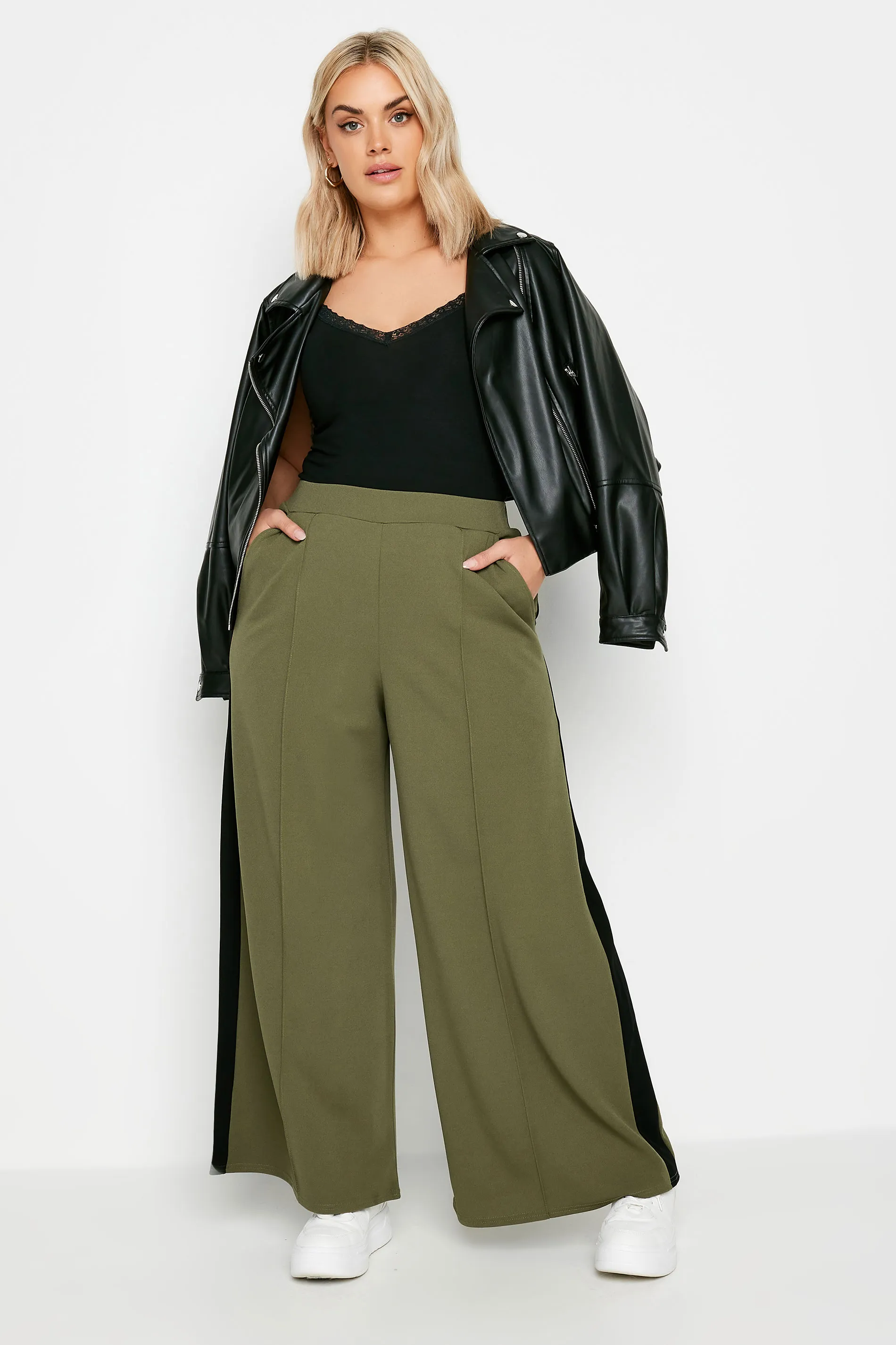 YOURS Curve Khaki Green Side Stripe Wide Leg Trousers