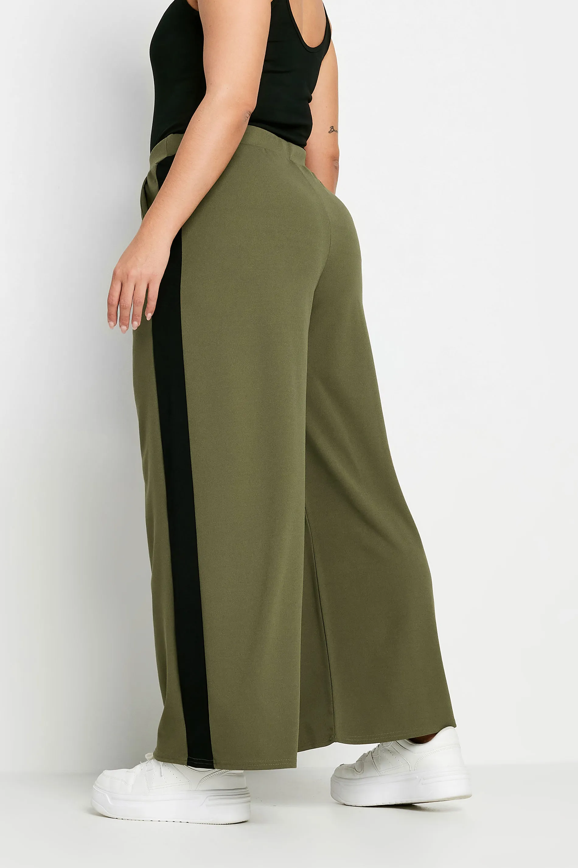 YOURS Curve Khaki Green Side Stripe Wide Leg Trousers