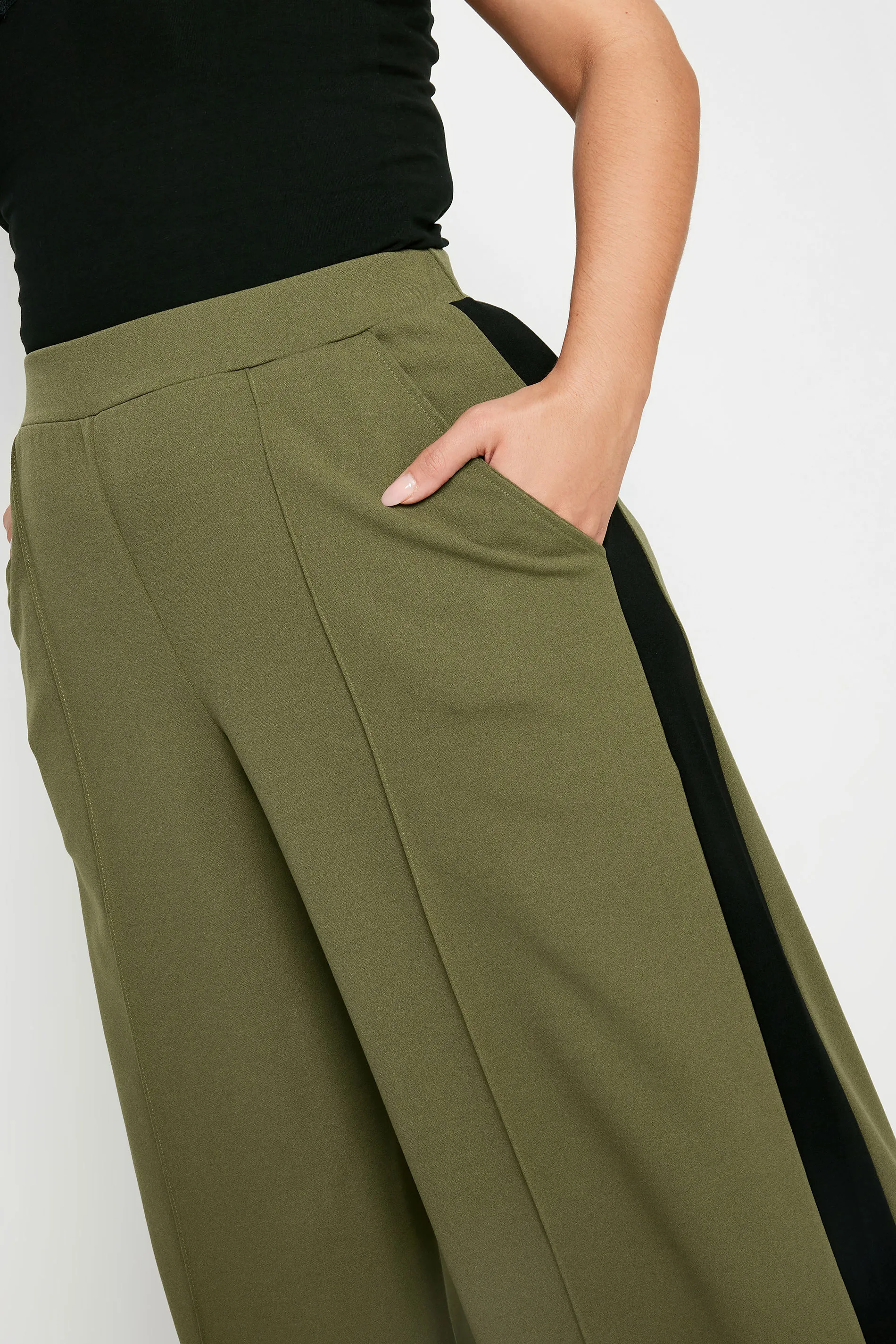 YOURS Curve Khaki Green Side Stripe Wide Leg Trousers