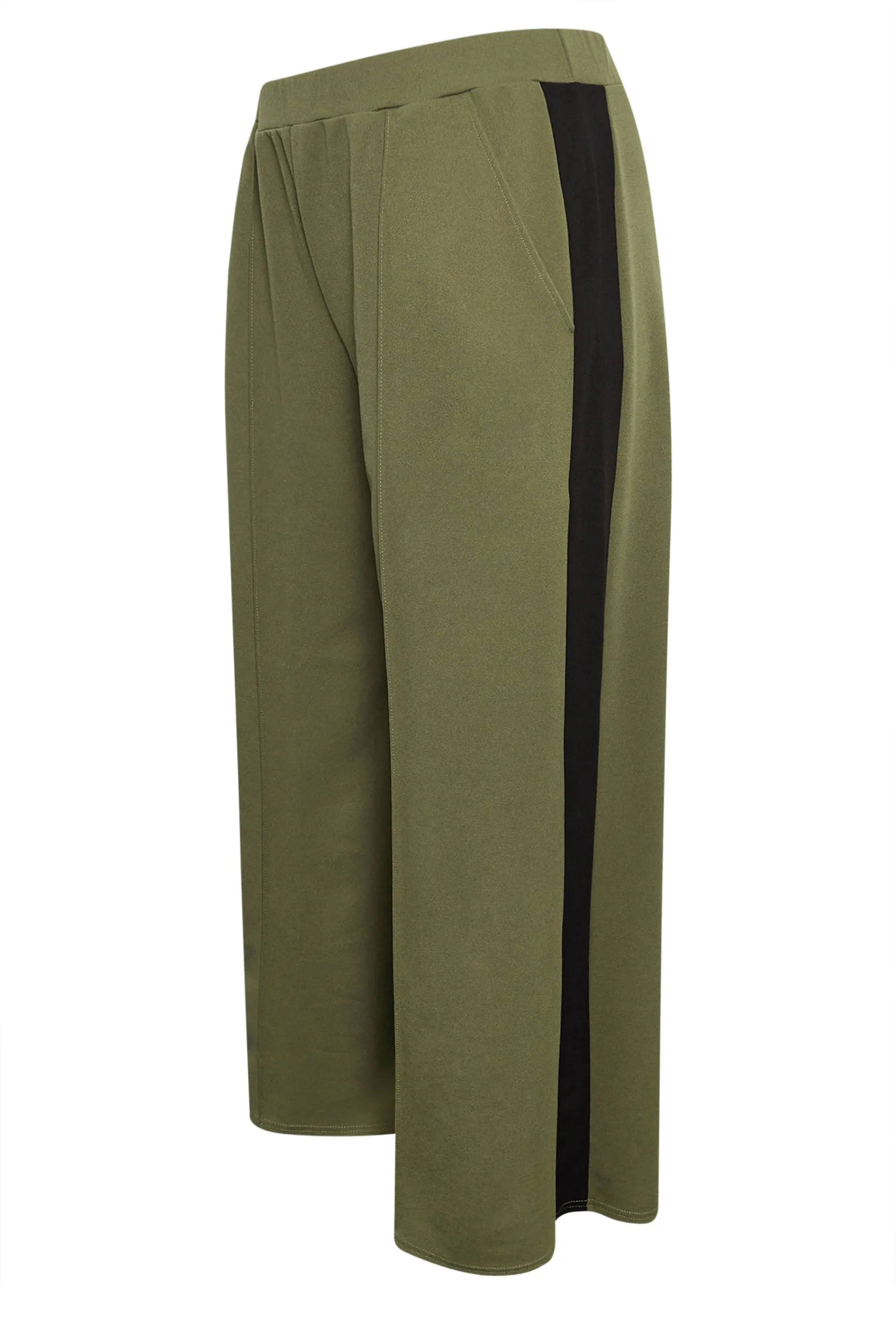 YOURS Curve Khaki Green Side Stripe Wide Leg Trousers