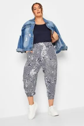 YOURS Curve Navy Blue Sketch Print Crop Harem Trousers