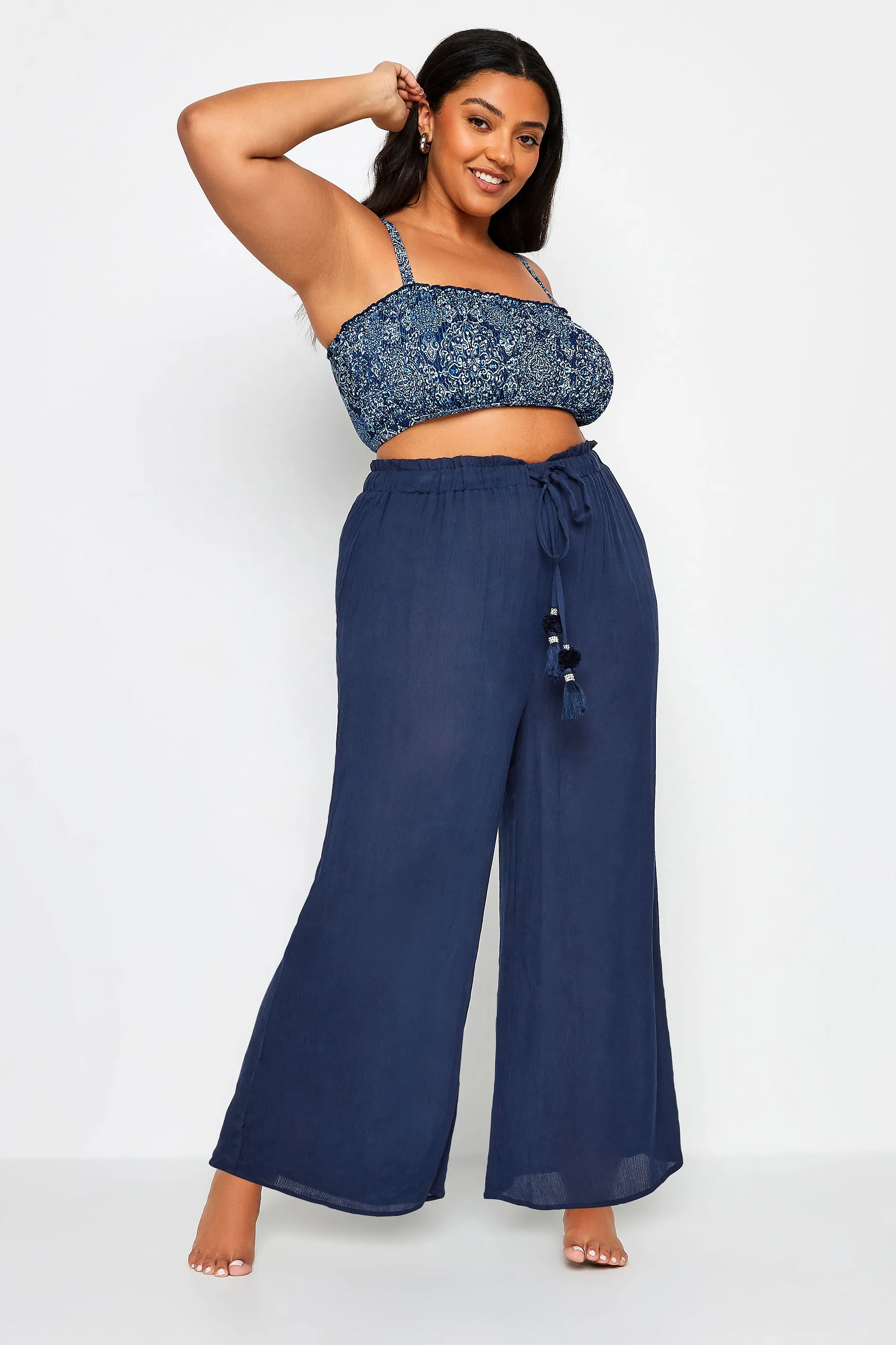 YOURS Curve Navy Blue Wide Leg Tassel Beach Trousers