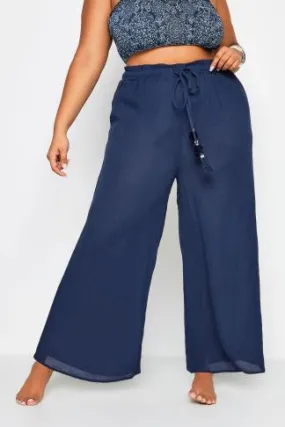 YOURS Curve Navy Blue Wide Leg Tassel Beach Trousers